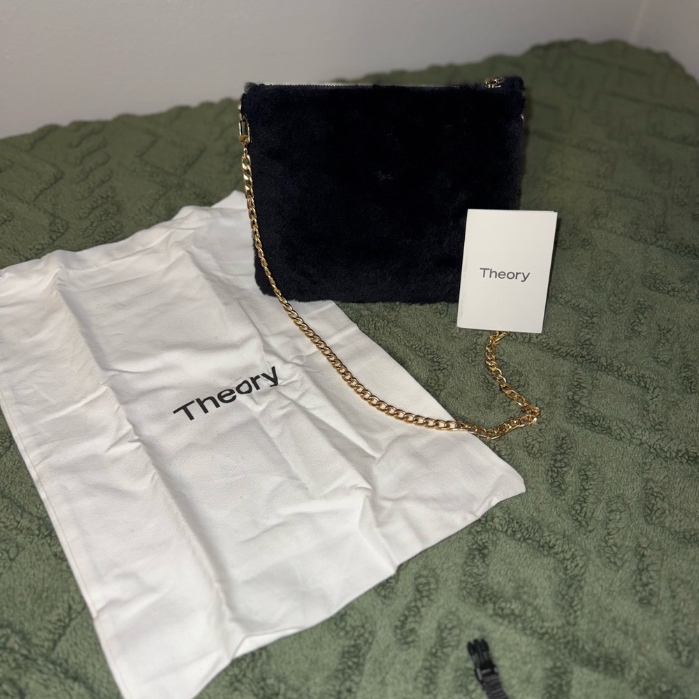 Theory Black Faux Fur Clutch with Gold Chain